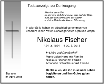 Traueranzeige von Nikolaus Fischer von Hohenzollerische Zeitung