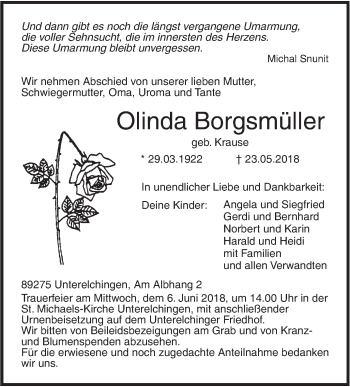 Traueranzeige von Olinda Borgsmüller von SÜDWEST PRESSE Ausgabe Ulm/Neu-Ulm