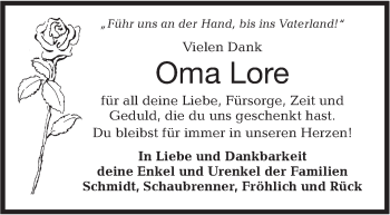 Traueranzeige von Oma Lore von Hohenloher Tagblatt