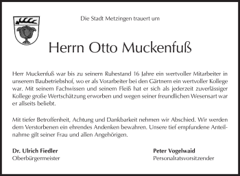 Traueranzeige von Otto Muckenfuß von Metzinger-Uracher Volksblatt