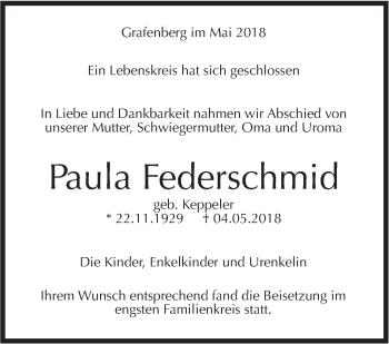 Traueranzeige von Paula Federschmid von Metzinger-Uracher Volksblatt