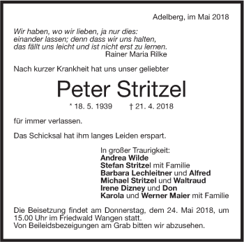 Traueranzeige von Peter Stritzel von NWZ Neue Württembergische Zeitung