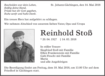 Traueranzeige von Reinhold Stoß von Alb-Bote/Metzinger-Uracher Volksblatt