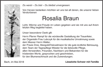 Traueranzeige von Rosalia Braun von SÜDWEST PRESSE Ausgabe Ulm/Neu-Ulm