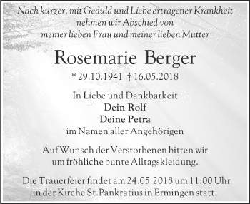 Traueranzeige von Rosemarie Berger von SÜDWEST PRESSE Ausgabe Ulm/Neu-Ulm