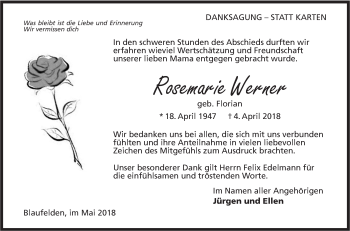 Traueranzeige von Rosemarie Werner von Hohenloher Tagblatt