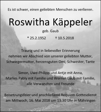 Traueranzeige von Roswitha Käppeler von SÜDWEST PRESSE Ausgabe Ulm/Neu-Ulm