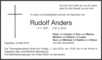 Traueranzeige von Rudolf Anders von SÜDWEST PRESSE Ausgabe Ulm/Neu-Ulm