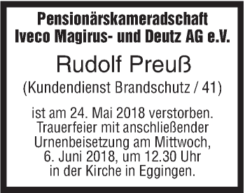 Traueranzeige von Rudolf Preuß von SÜDWEST PRESSE Ausgabe Ulm/Neu-Ulm