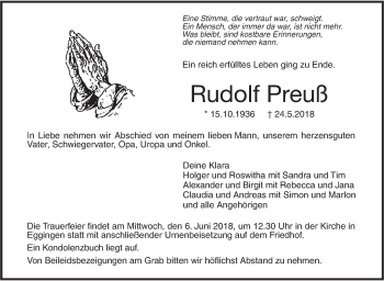 Traueranzeige von Rudolf Preuß von SÜDWEST PRESSE Ausgabe Ulm/Neu-Ulm