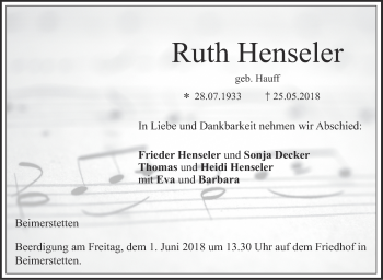 Traueranzeige von Ruth Henseler von SÜDWEST PRESSE Ausgabe Ulm/Neu-Ulm