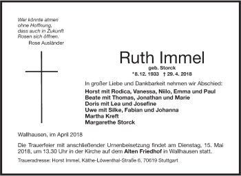 Traueranzeige von Ruth Immel von Hohenloher Tagblatt