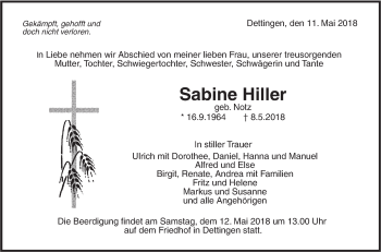 Traueranzeige von Sabine Hiller von Metzinger-Uracher Volksblatt