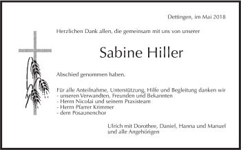 Traueranzeige von Sabine Hiller von Metzinger-Uracher Volksblatt