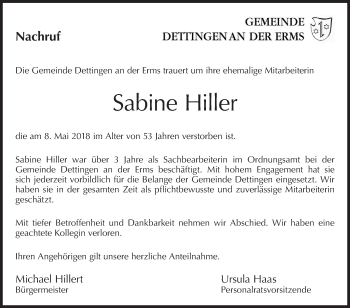 Traueranzeige von Sabine Hiller von Metzinger-Uracher Volksblatt