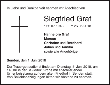 Traueranzeige von Siegfried Graf von SÜDWEST PRESSE Ausgabe Ulm/Neu-Ulm