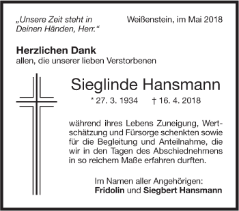 Traueranzeige von Sieglinde Hansmann von NWZ Neue Württembergische Zeitung/Geislinger Zeitung