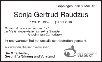 Traueranzeige von Sonja Gertrud Raudzus von NWZ Neue Württembergische Zeitung