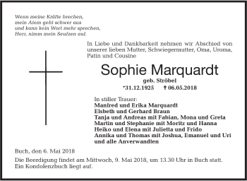 Traueranzeige von Sophie Marquardt von Hohenloher Tagblatt