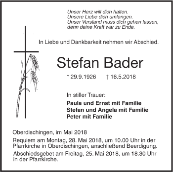 Traueranzeige von Stefan Bader von SÜDWEST PRESSE Ausgabe Ulm/Neu-Ulm