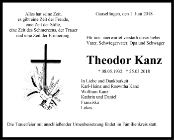 Traueranzeige von Theodor Kanz von Hohenzollerische Zeitung