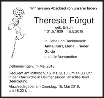 Traueranzeige von Theresia Fürgut von SÜDWEST PRESSE Ausgabe Ulm/Neu-Ulm