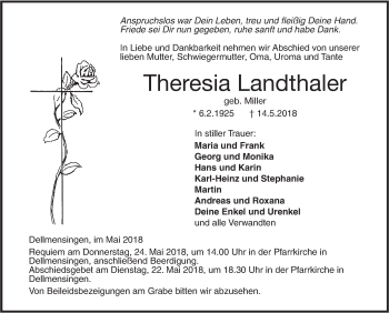 Traueranzeige von Theresia Landthaler von SÜDWEST PRESSE Ausgabe Ulm/Neu-Ulm