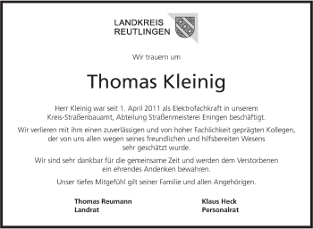 Traueranzeige von Thomas Kleinig von Metzinger-Uracher Volksblatt