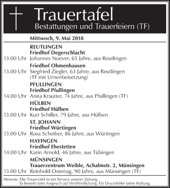 Traueranzeige von Totentafel vom 09.05.2018 von Metzinger-Uracher Volksblatt