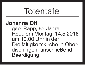 Traueranzeige von Totentafel vom 09.05.2018 von Ehinger Tagblatt