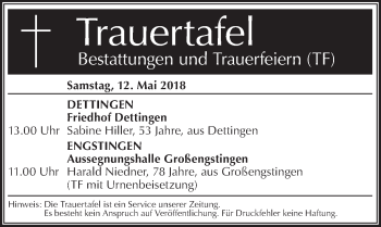Traueranzeige von Totentafel vom 12.05.2018 von Metzinger-Uracher Volksblatt