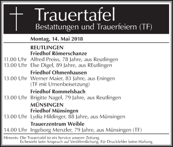 Traueranzeige von Totentafel vom 14.05.2018 von Metzinger-Uracher Volksblatt
