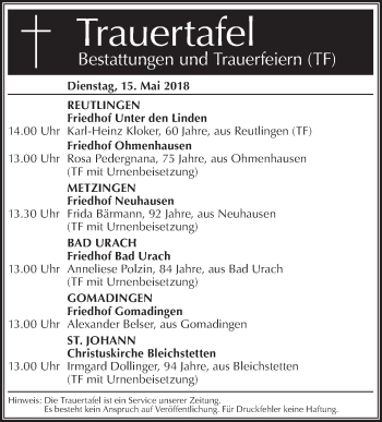 Traueranzeige von Totentafel vom 15.05.2018 von Metzinger-Uracher Volksblatt