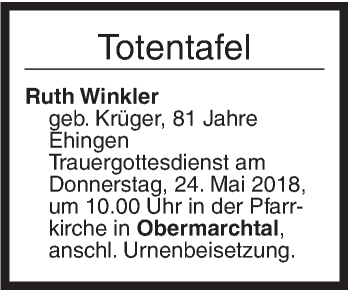 Traueranzeige von Totentafel vom 19.05.2018 von Ehinger Tagblatt