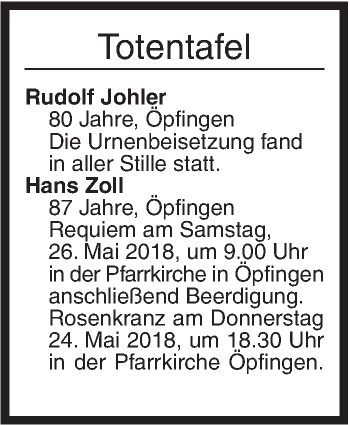 Traueranzeige von Totentafel vom 23.05.2018 von Ehinger Tagblatt