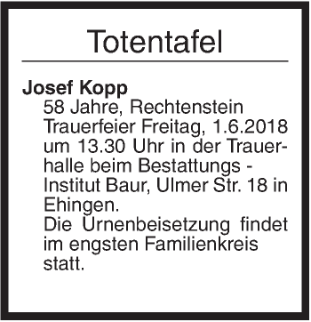 Traueranzeige von Totentafel vom 30.05.2018 von Ehinger Tagblatt