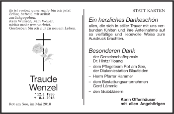 Traueranzeige von Traude Wenzel von Hohenloher Tagblatt