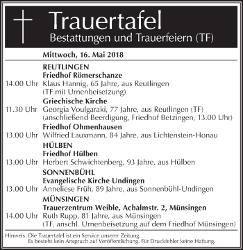 Traueranzeige von Trauertafel vom 16.05.2018 von Metzinger-Uracher Volksblatt