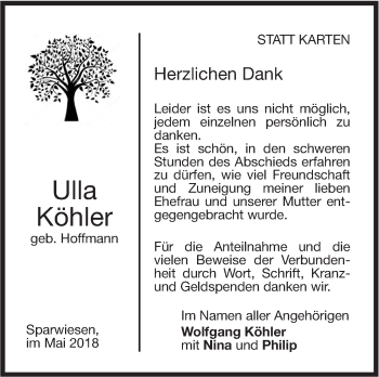 Traueranzeige von Ulla Köhler von NWZ Neue Württembergische Zeitung