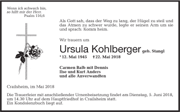 Traueranzeige von Ursula Kohlberger von Hohenloher Tagblatt