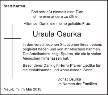 Traueranzeige von Ursula Osurka von SÜDWEST PRESSE Ausgabe Ulm/Neu-Ulm