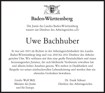 Traueranzeige von Uwe Bachhuber von SÜDWEST PRESSE Ausgabe Ulm/Neu-Ulm