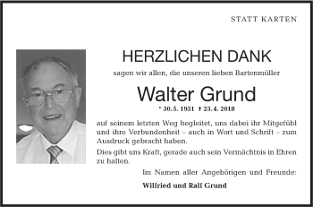 Traueranzeige von Walter Grund von Hohenloher Tagblatt