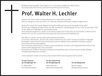 Traueranzeige von Walter Lechler von Metzinger-Uracher Volksblatt