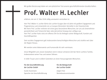 Traueranzeige von Walter Lechler von Metzinger-Uracher Volksblatt