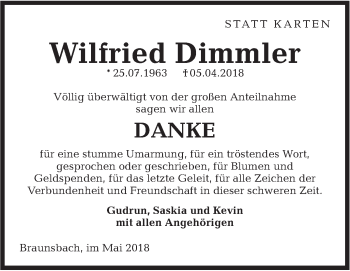 Traueranzeige von Wilfried Dimmler von Haller Tagblatt