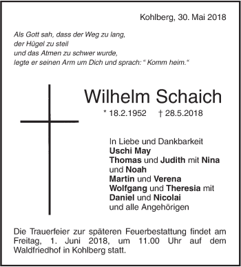 Traueranzeige von Wilhelm Schaich von Metzinger-Uracher Volksblatt