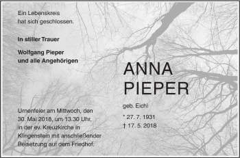 Traueranzeige von anna Pieper von SÜDWEST PRESSE Ausgabe Ulm/Neu-Ulm