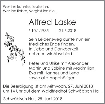 Traueranzeige von Alfred Laske von Haller Tagblatt