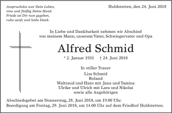 Traueranzeige von Alfred Schmid von Alb-Bote/Metzinger-Uracher Volksblatt